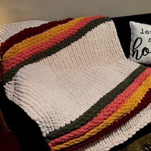 Hand Knitted Chunky  Multicolor Striped Blanket